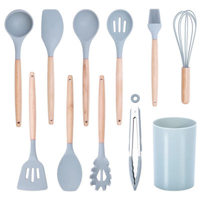 Wooden Handle,Heat Resistant Silicone Kitchen Utensils Set 11 Pcs Gray
